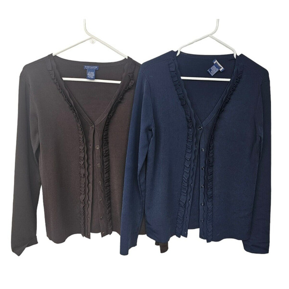 Doncaster Lot of 2 Cardigan Navy Brown Ruffle Edge Size Small Slinky Knit Office - Picture 1 of 8